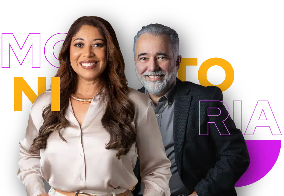Imagem promocional com a professora Aurea Santos e o professor Manoel Carlos para a Área de Monitoria da Escola de Pessoas