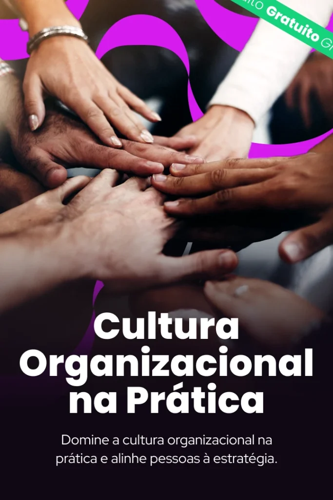 Card vertical do curso Cultura Organizacional na Prática, da Escola de Pessoas. Imagem de fundo mostra várias mãos unidas ao centro, simbolizando trabalho em equipe, com detalhes em roxo.