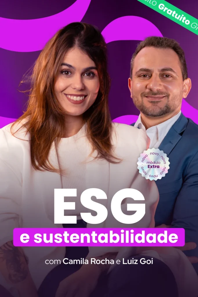 Camila Rocha, Coordenadora de Educação na Sólides e Luiz Goi, Especialista em ESG e sustentabilidade corporativa sorriem lado a lado em frente a uma parede roxa. Texto destaca o curso gratuito “ESG e Sustentabilidade”, promovido pela Escola de Pessoas.