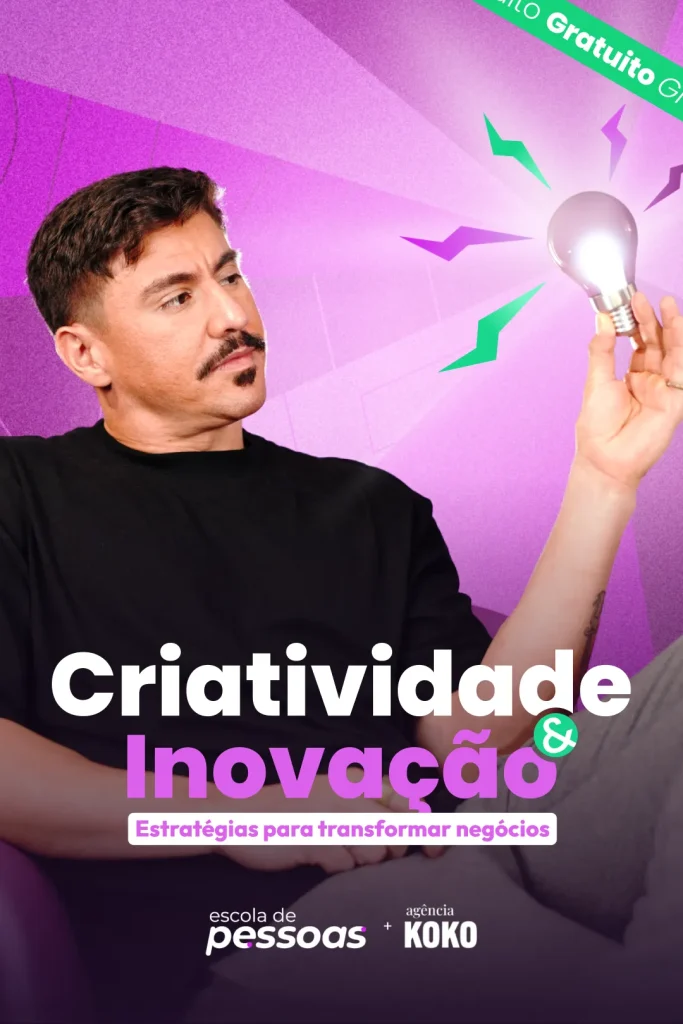 Hector Muniz, CMO da Agência Koko, segurando uma lâmpada acesa em imagem promocional do curso “Criatividade e Inovação”, com fundo roxo e logotipos da Escola de Pessoas e Agência Koko.