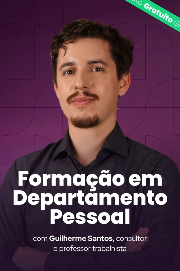 Card vertical com fundo roxo para o curso Formação em Departamento Pessoal. Na metade superior, a foto do professor Guilherme Santos. Na metade inferior, o texto descritivo do curso e o selo verde de "Gratuito" no canto superior direito.