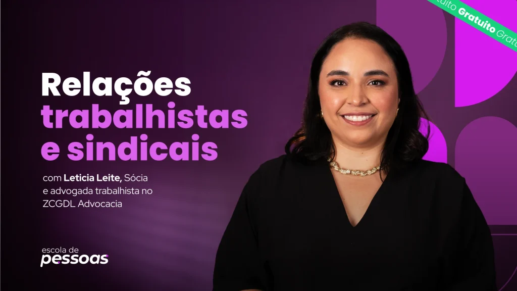 Banner do curso "Relações trabalhistas e sindicais", com Leticia Leite à direita e fundo roxo com texto em destaque.