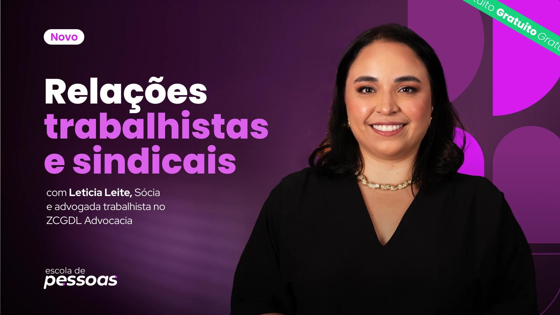 Banner do curso "Relações trabalhistas e sindicais", com Leticia Leite à direita e fundo roxo com texto em destaque.