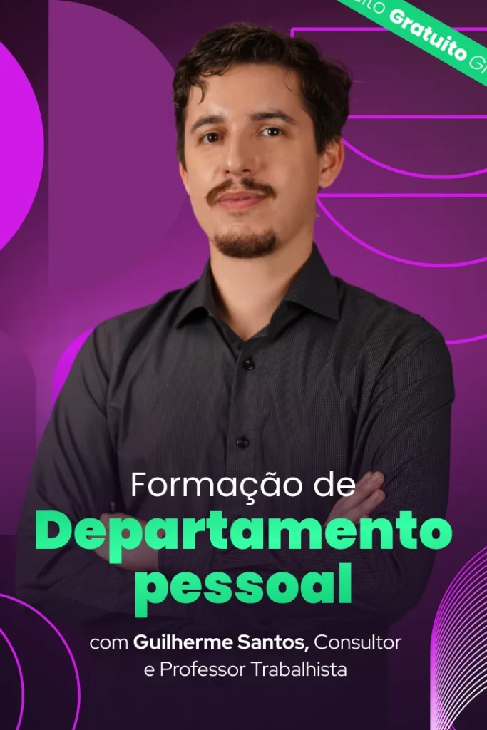Banner vertical do professor Guilherme Santos do curso Formação de Departamento Pessoal.