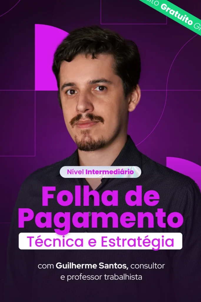 Card vertical do curso de Gestão de Folha de Pagamento da Escola de Pessoas com o professor Guilherme Santos sobre fundo roxo.