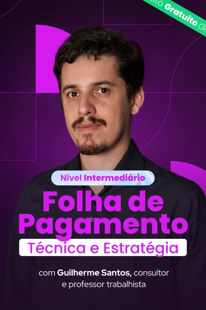 Card vertical do curso de Gestão de Folha de Pagamento da Escola de Pessoas com o professor Guilherme Santos sobre fundo roxo.