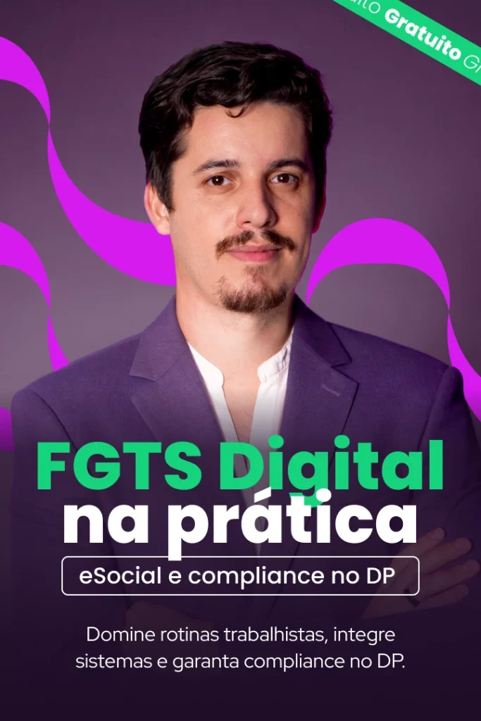 Card vertical com fundo roxo escuro e ondas em lilás vibrante. Na metade superior, foto do professor Guilherme Santos de paletó roxo. Na metade inferior, o texto em destaque verde e branco: "FGTS Digital na prática: eSocial e compliance no DP", seguido pela frase descritiva sobre rotinas trabalhistas. No topo direito, uma aba verde indica "Gratuito".